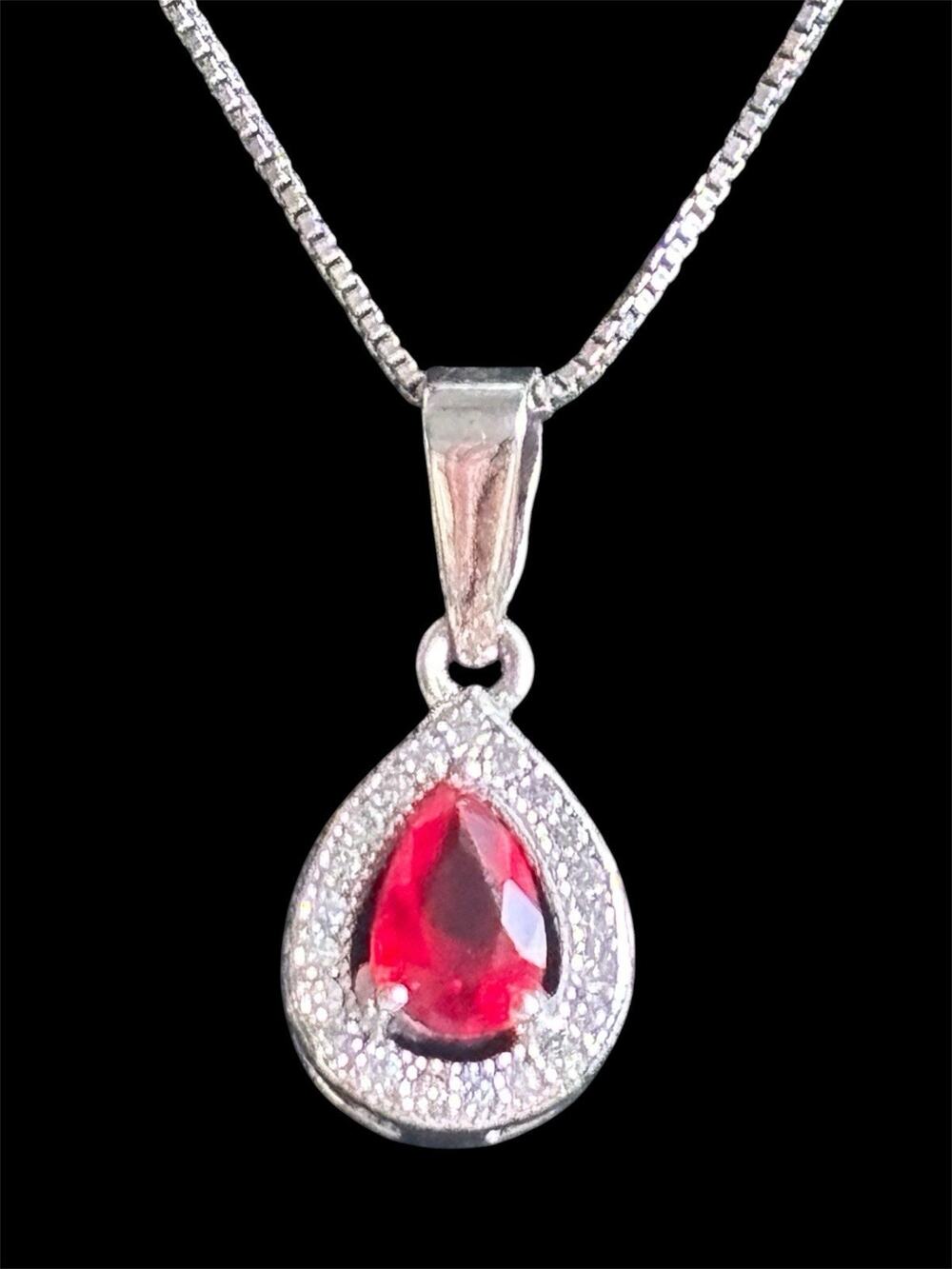 Sterling Silver Created Ruby July Halo Pendant And 18” Box Chain 925 Italy